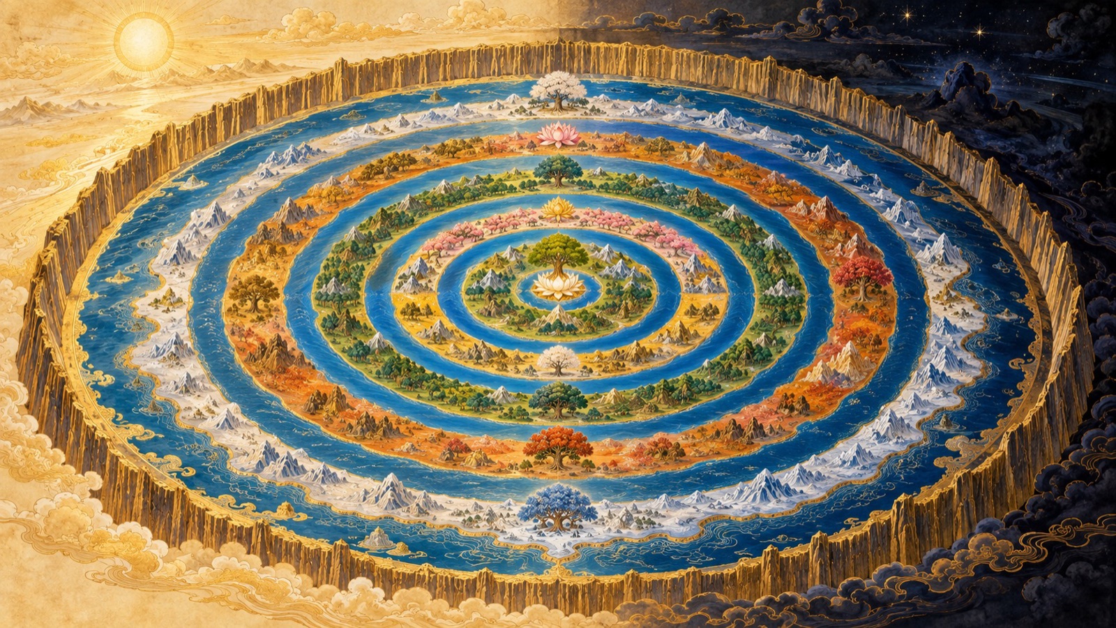 A luminous manuscript vision of the six concentric ring-continents and oceans beyond Jambudvipa, bounded by the Lokaloka mountain