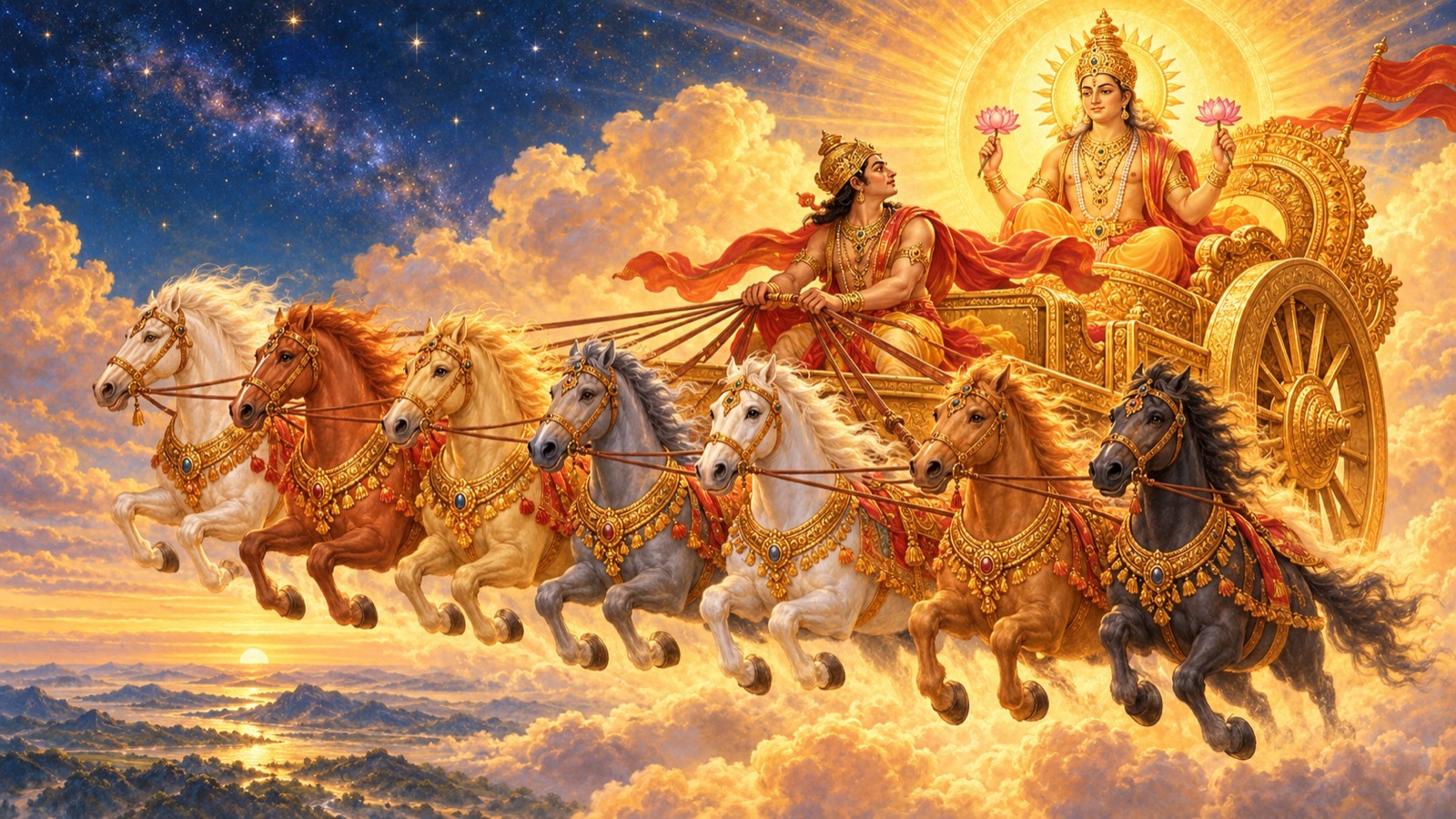 सारथि अरुण वैदिक छन्दों के नाम धारण करने वाले सात अश्वों को हाँकते हुए जो सूर्यदेव के स्वर्णिम रथ को खींचते हैं