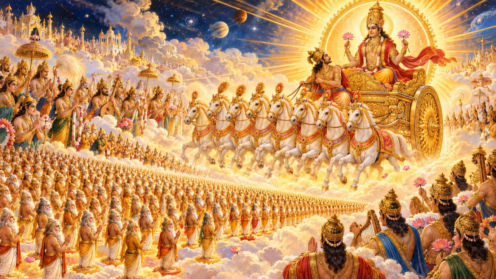 साठ सहस्र अंगूठे-भर वालखिल्य ऋषि सूर्यदेव के रथ के आगे उनकी स्तुति करते हुए