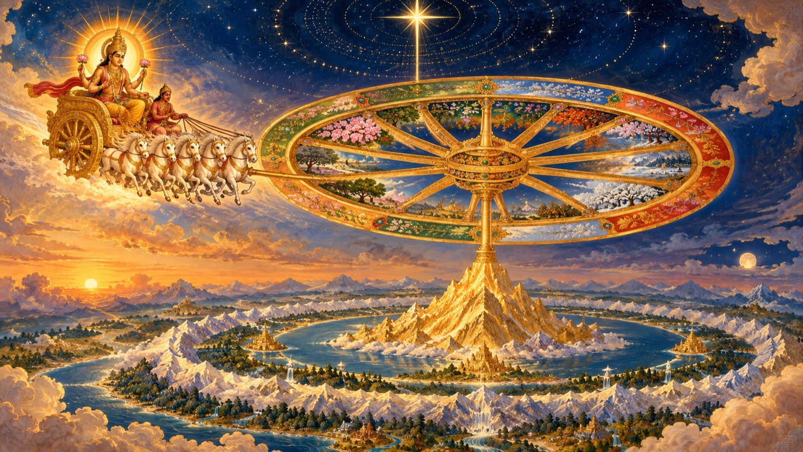 The single wheel of the sun-god's chariot as the year, with twelve spokes for the months and a six-fold rim for the seasons
