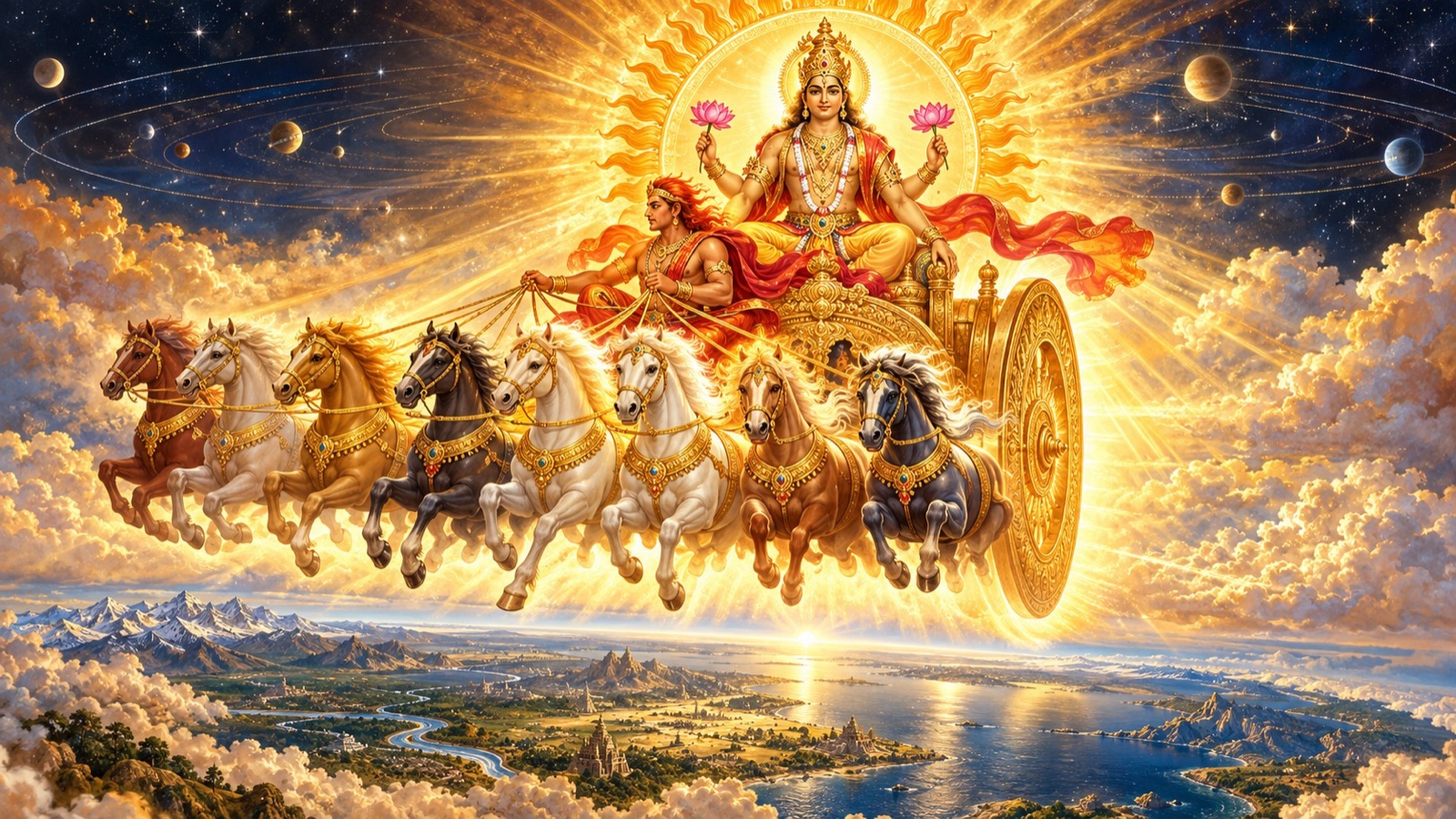 The radiant sun-god riding his single-wheeled golden chariot at the centre of the sky, illumining the three worlds