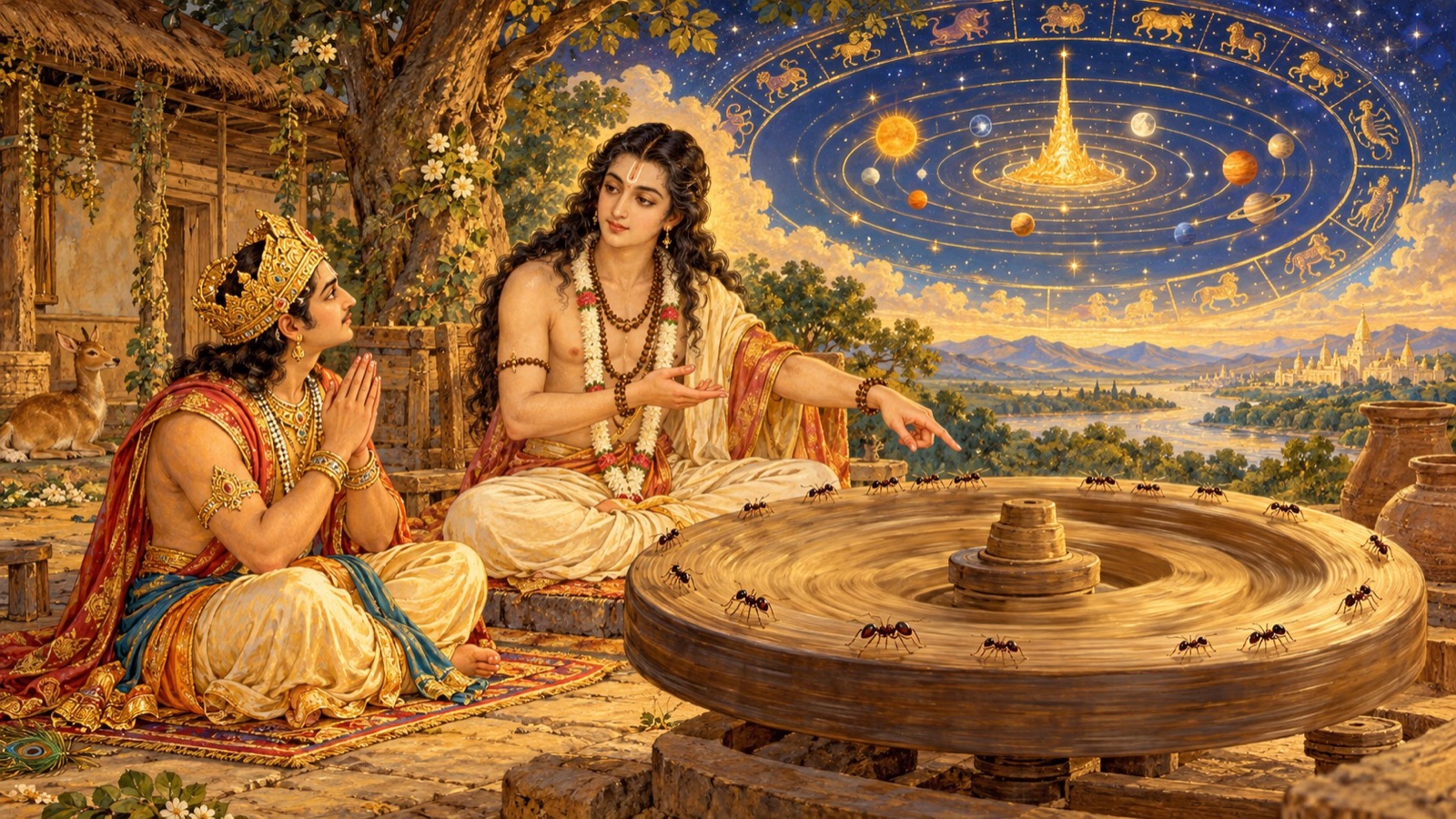 King Parikshit questioning Sri Suka about the sun's motion, with a potter's wheel and crawling ants as illustration