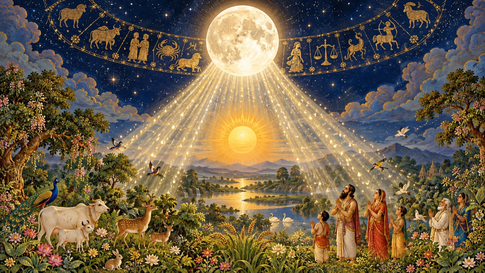 The moon above the sun pouring out its nectar-light upon gods, ancestors, creatures and plants