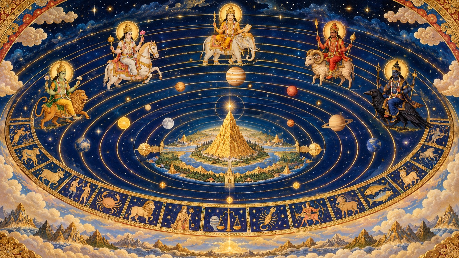 Concentric orbits of the constellations and the planets Venus, Mercury, Mars, Jupiter and Saturn around Mount Meru