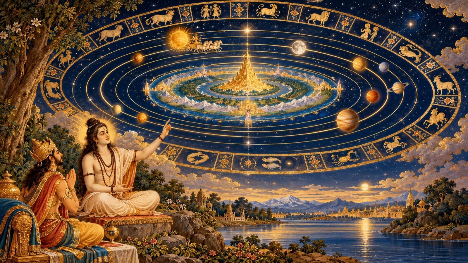 Sri Suka unfolding the great wheel of Time to King Parikshit, the sun, moon and planets wheeling about Mount Meru and the pole-star