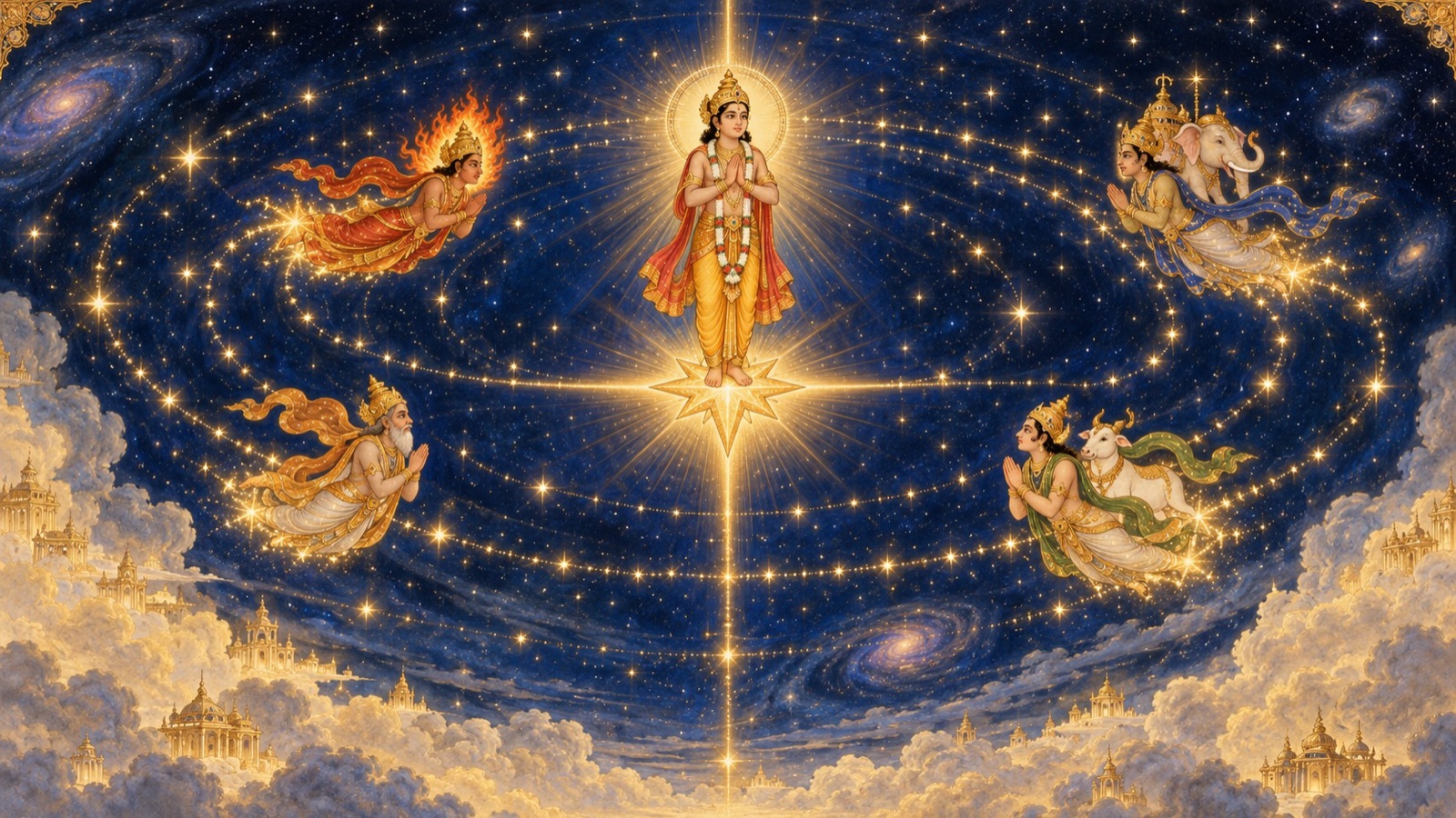 The devotee Dhruva shining at the summit of the sky, circled by Agni, Indra, Kasyapa and Dharma as stars