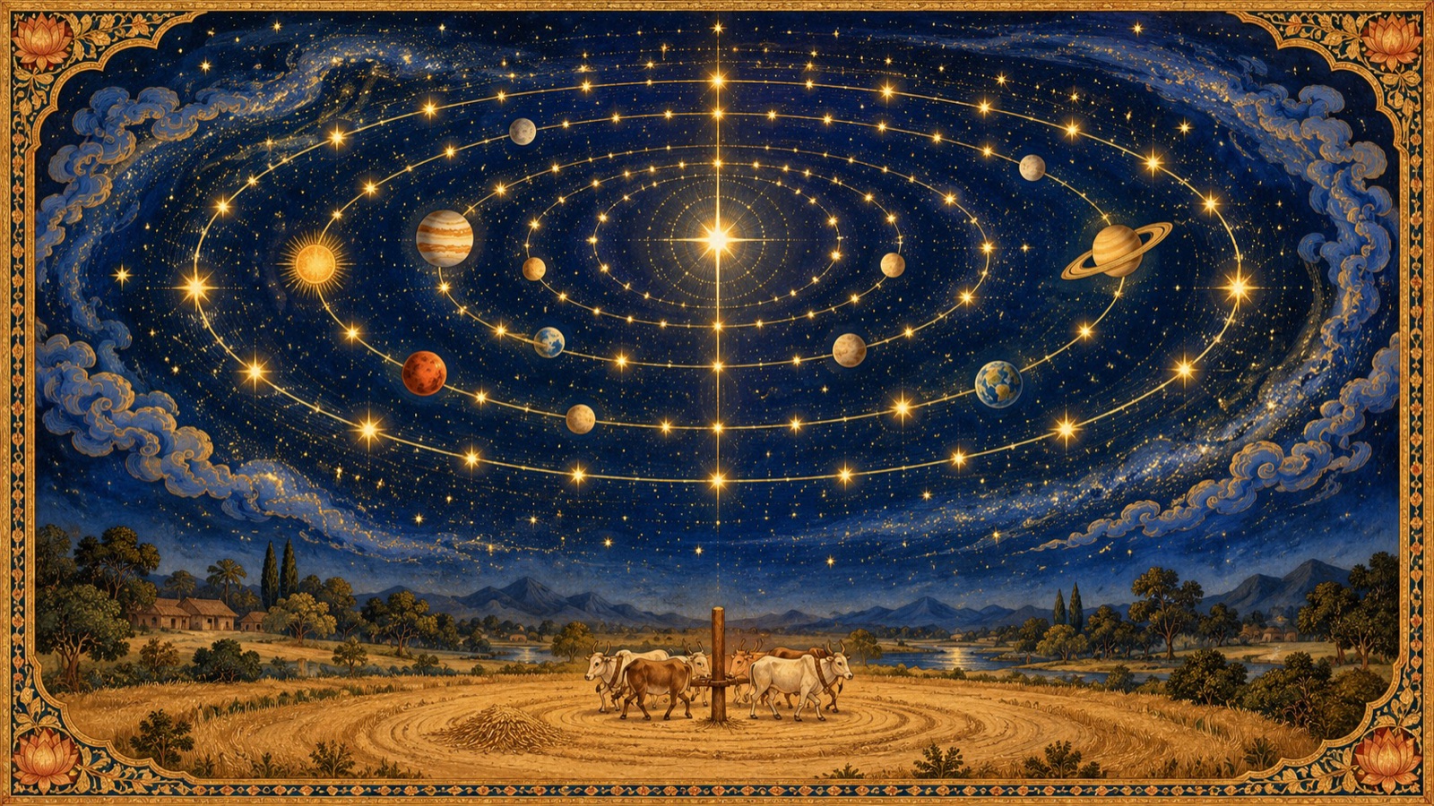 The planets and stars revolving around the fixed pole-star like oxen yoked to a central threshing post