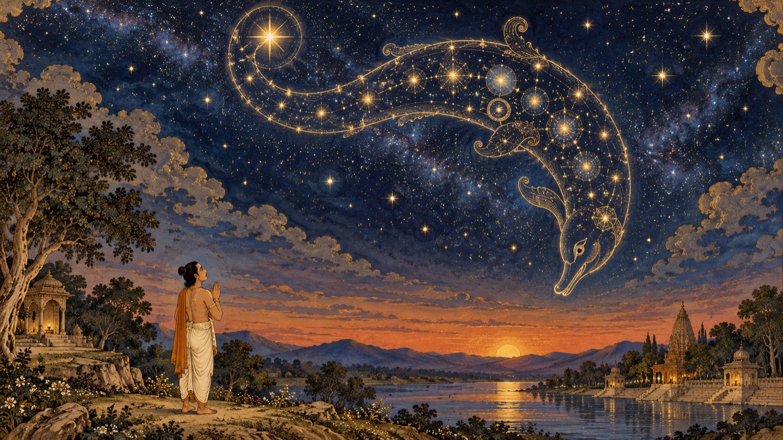 A devotee at twilight gazing up at the starry Sisumara form and offering the evening prayer to the Lord of Time