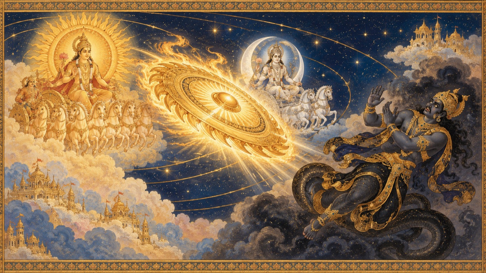 The shadow-planet Rahu retreating in fear before the Lord's revolving Sudarsana disc that guards the sun and moon
