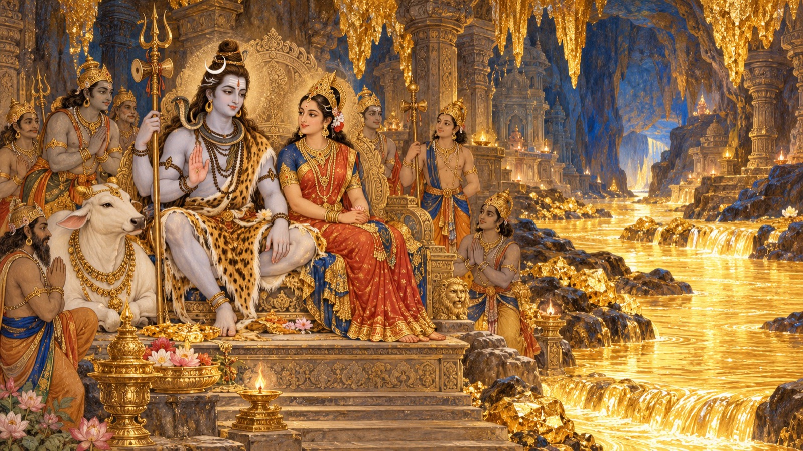 Lord Siva as Hatakesvara with the Goddess amid his hosts in Vitala, beside the golden river Hataki