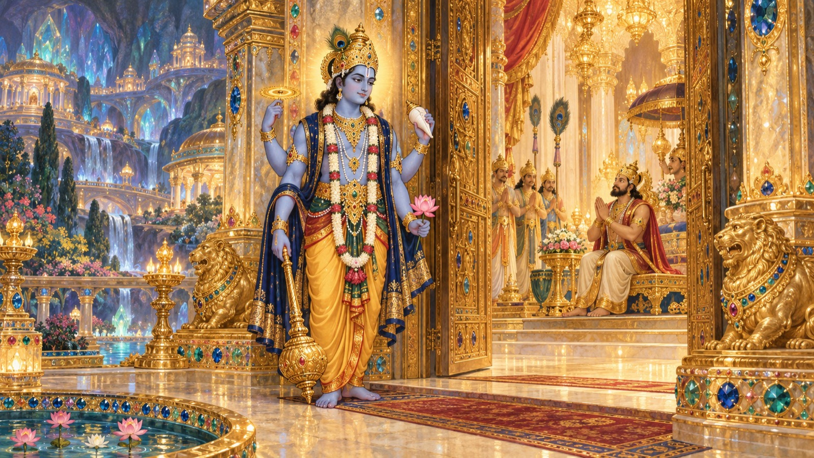 The Supreme Lord Narayana standing guard with His mace at the door of the devotee King Bali in luminous Sutala