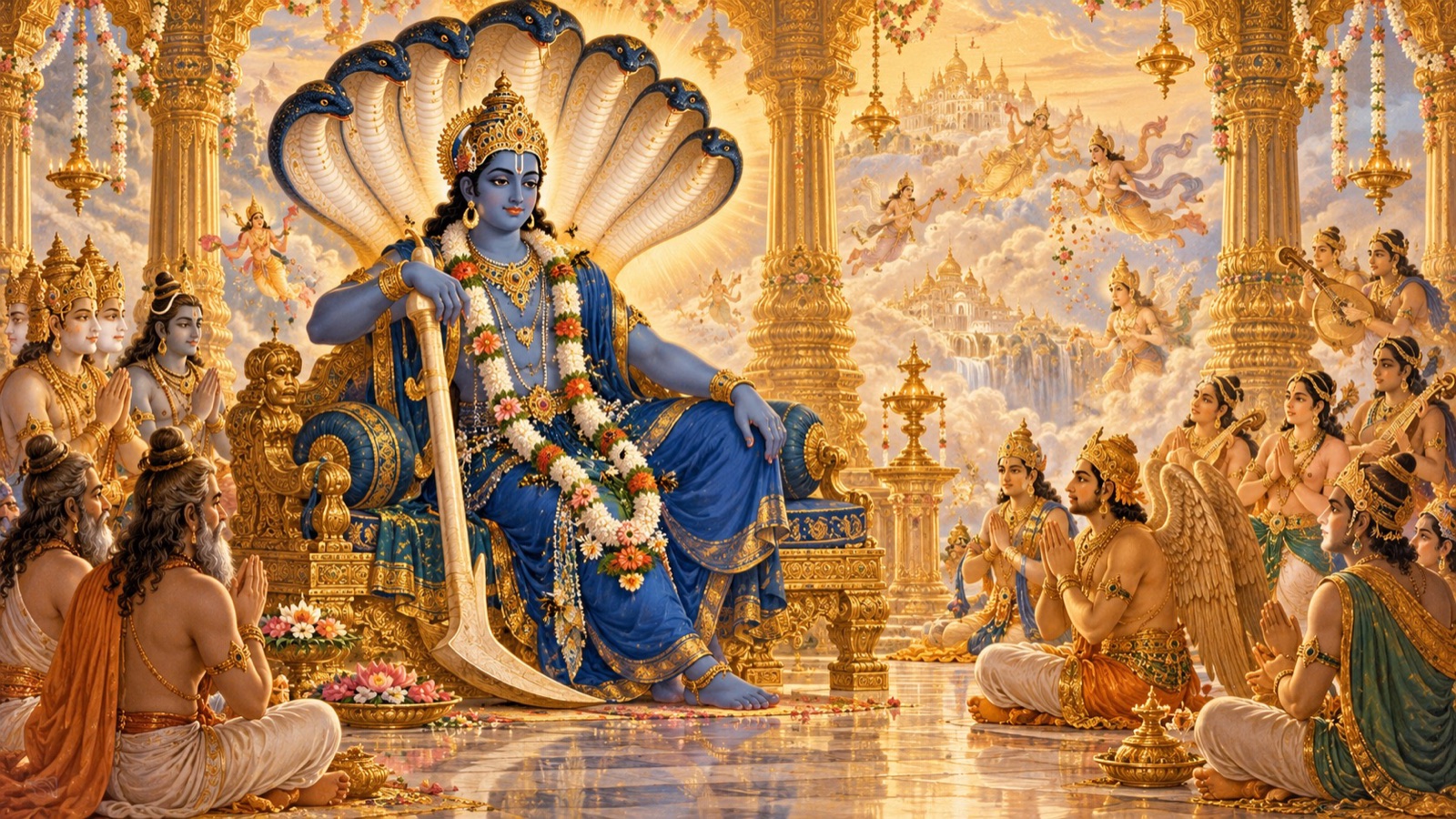 नील-श्याम भगवान् अनन्त, एक कुण्डल पहने, हाथ हल पर, वैजयन्ती माला पहने हुए