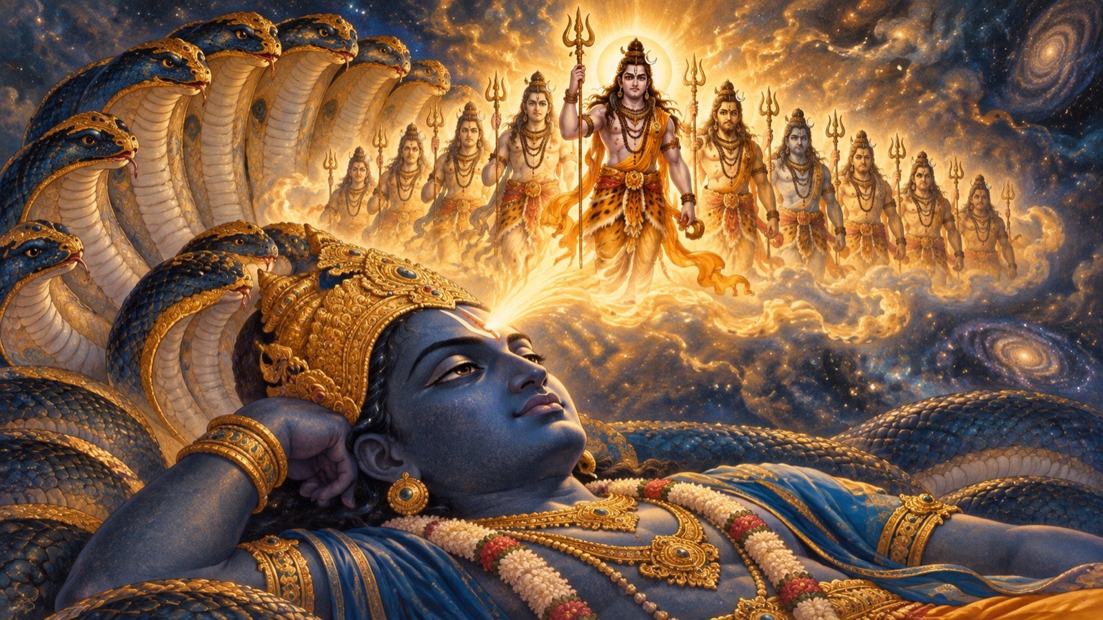 The three-eyed Rudra of destruction rising from between the knitted brows of Lord Ananta