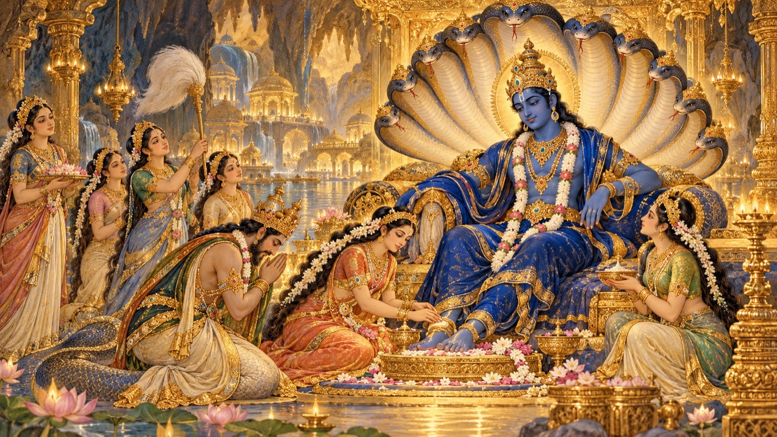 The serpent-lords and Naga maidens bowing in worship at the lotus-feet of Lord Ananta