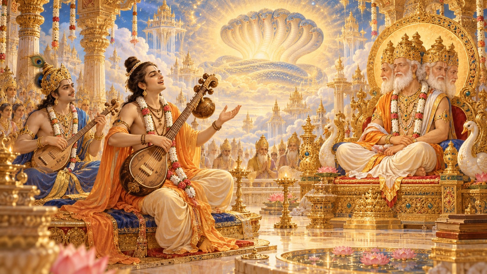 The sage Narada with Tumburu singing the glories of Lord Ananta in the court of Brahma