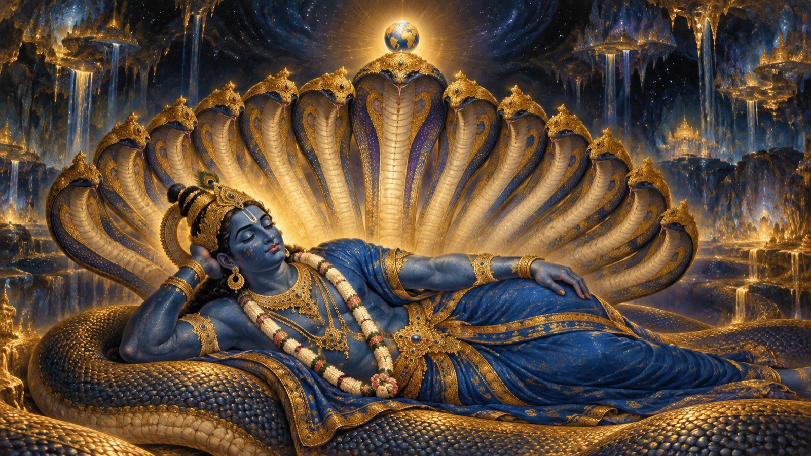 Lord Ananta, dark-blue and serene, bearing the earth like a mustard seed on one of His thousand serpent-hoods