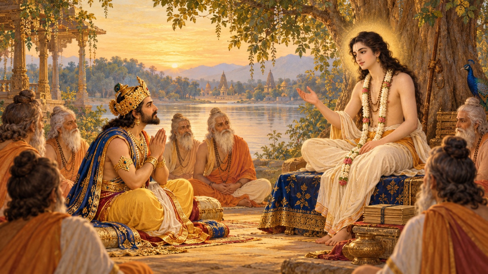 राजा परीक्षित ऋषि श्रीशुक से प्रश्न करते हुए, जो आत्मा के गन्तव्यों पर शान्त करुणा से उत्तर देते हैं
