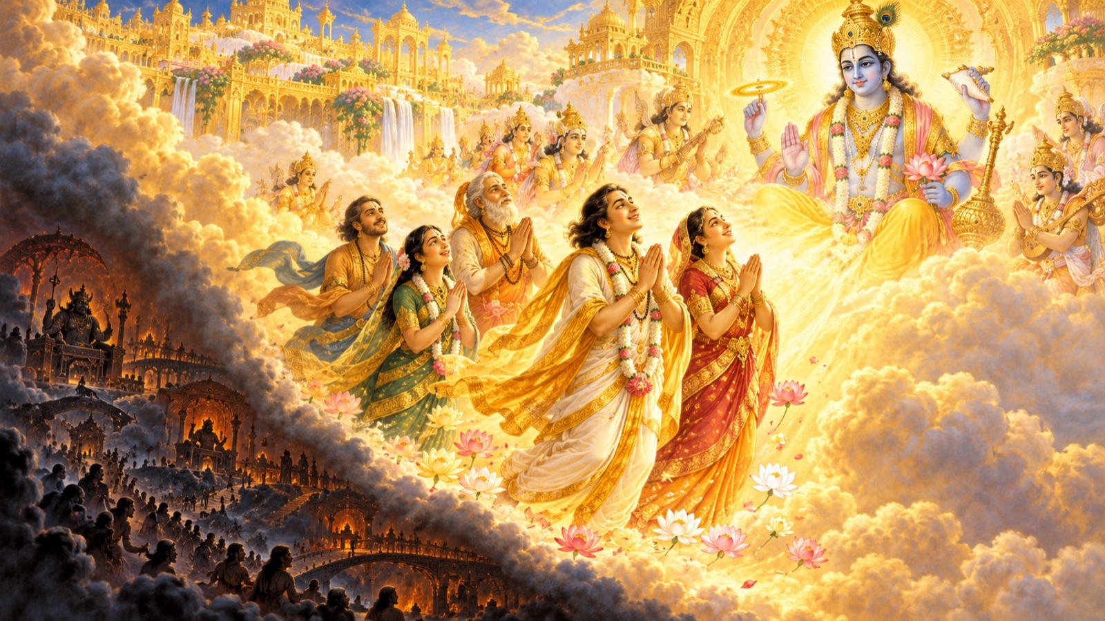 देदीप्यमान भक्त पवित्र नामों का कीर्तन करते हुए, प्रत्येक लेखा-प्रदेश से मुक्त और परे ले जाए गए