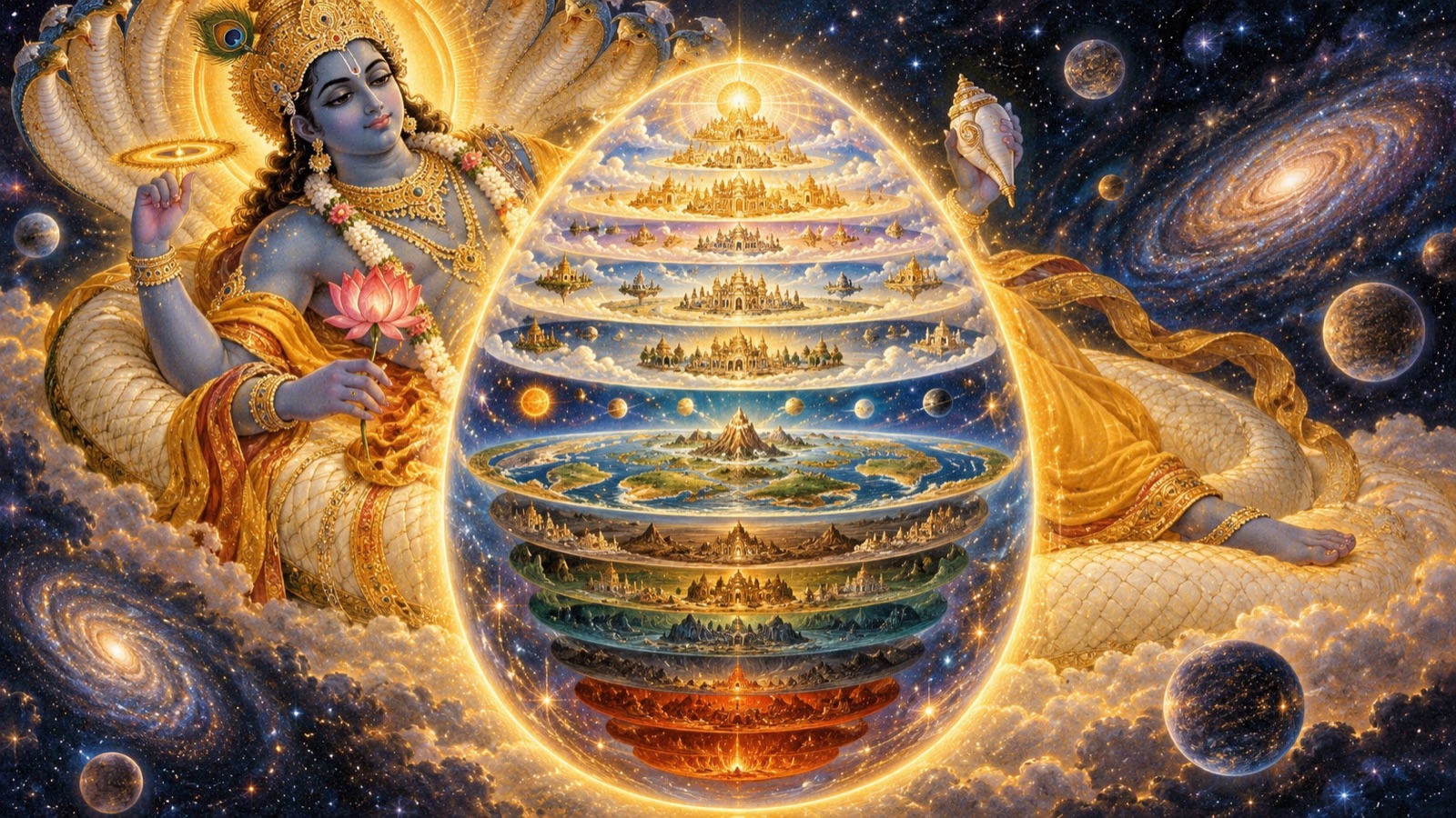The egg-shaped universe of fourteen spheres shining as the cosmic form of the Lord Narayana
