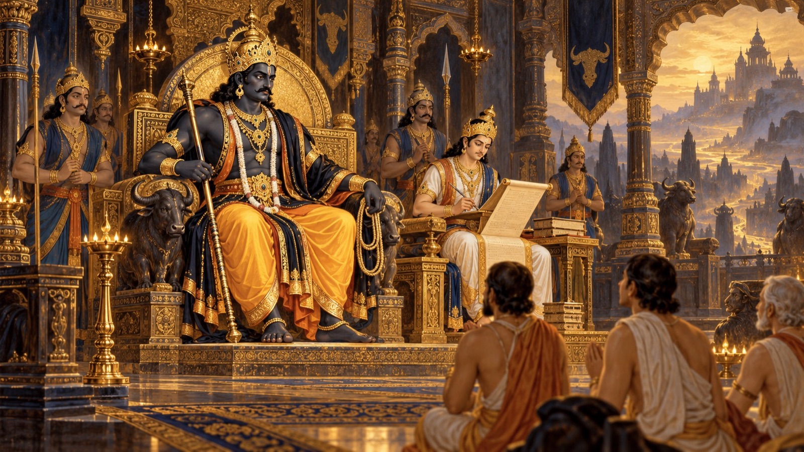 The god Yama seated as a solemn crowned judge in his southern court, his recorder beside him, judging the departed