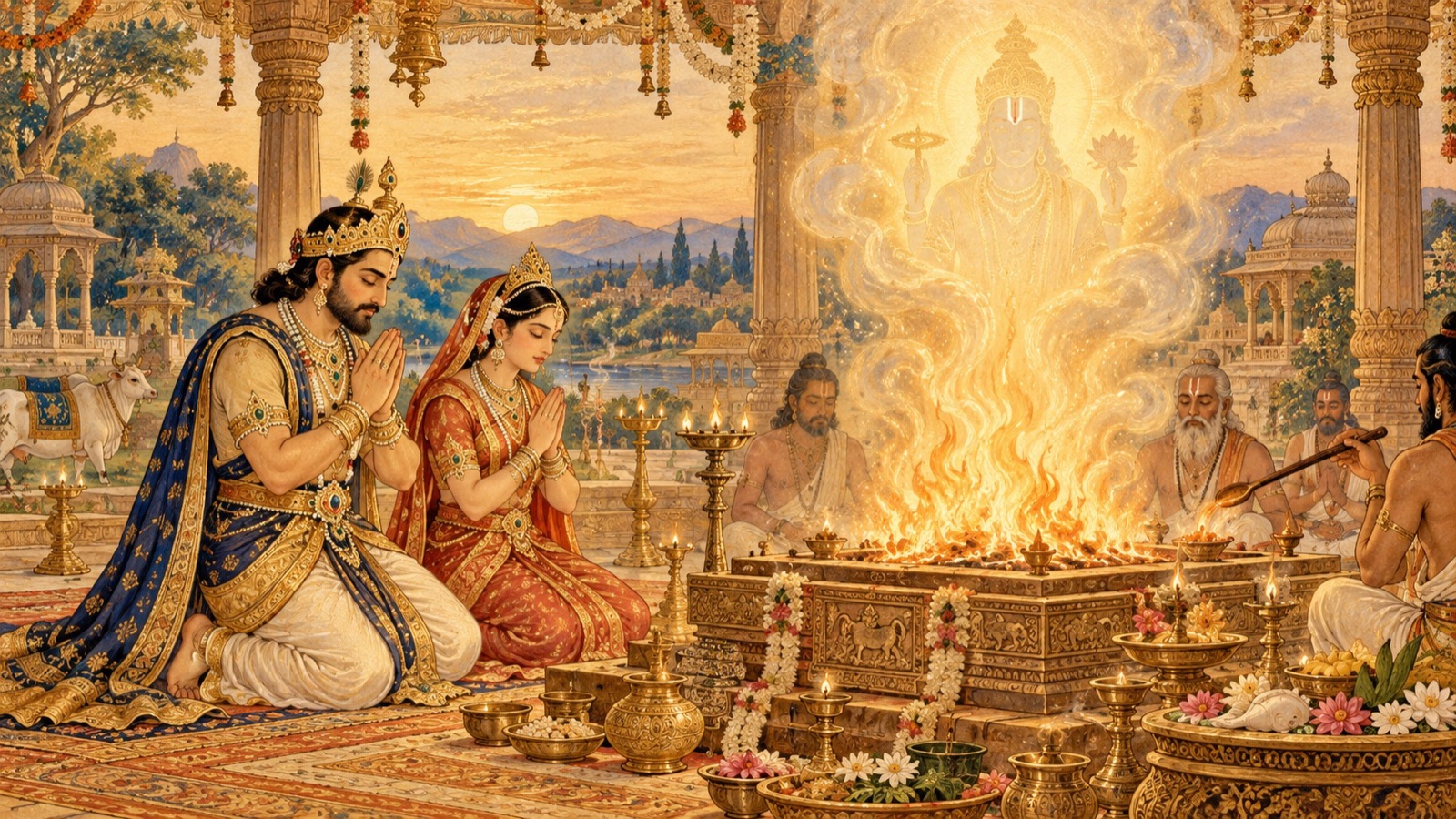 राजा नाभि और रानी मेरुदेवी यज्ञाग्नि के समक्ष श्रद्धापूर्ण एकाग्र हृदय से भगवान् विष्णु की आराधना करते हुए