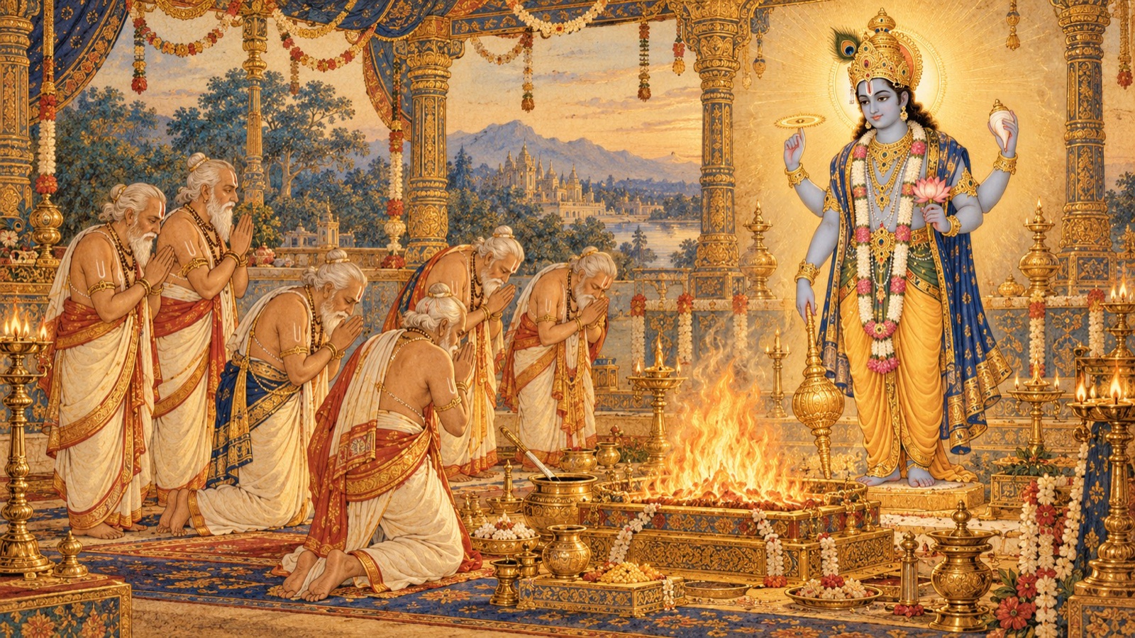 The officiating priests with heads bowed offering a heartfelt hymn of praise before the radiant Lord at the sacrifice