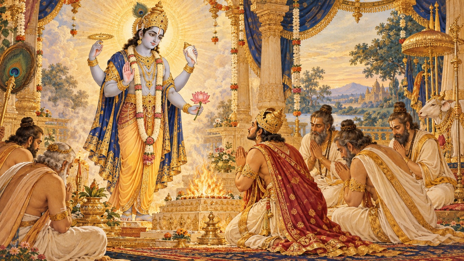 The radiant four-armed Lord graciously speaking to the bowing priests at the sacrifice, promising to descend Himself
