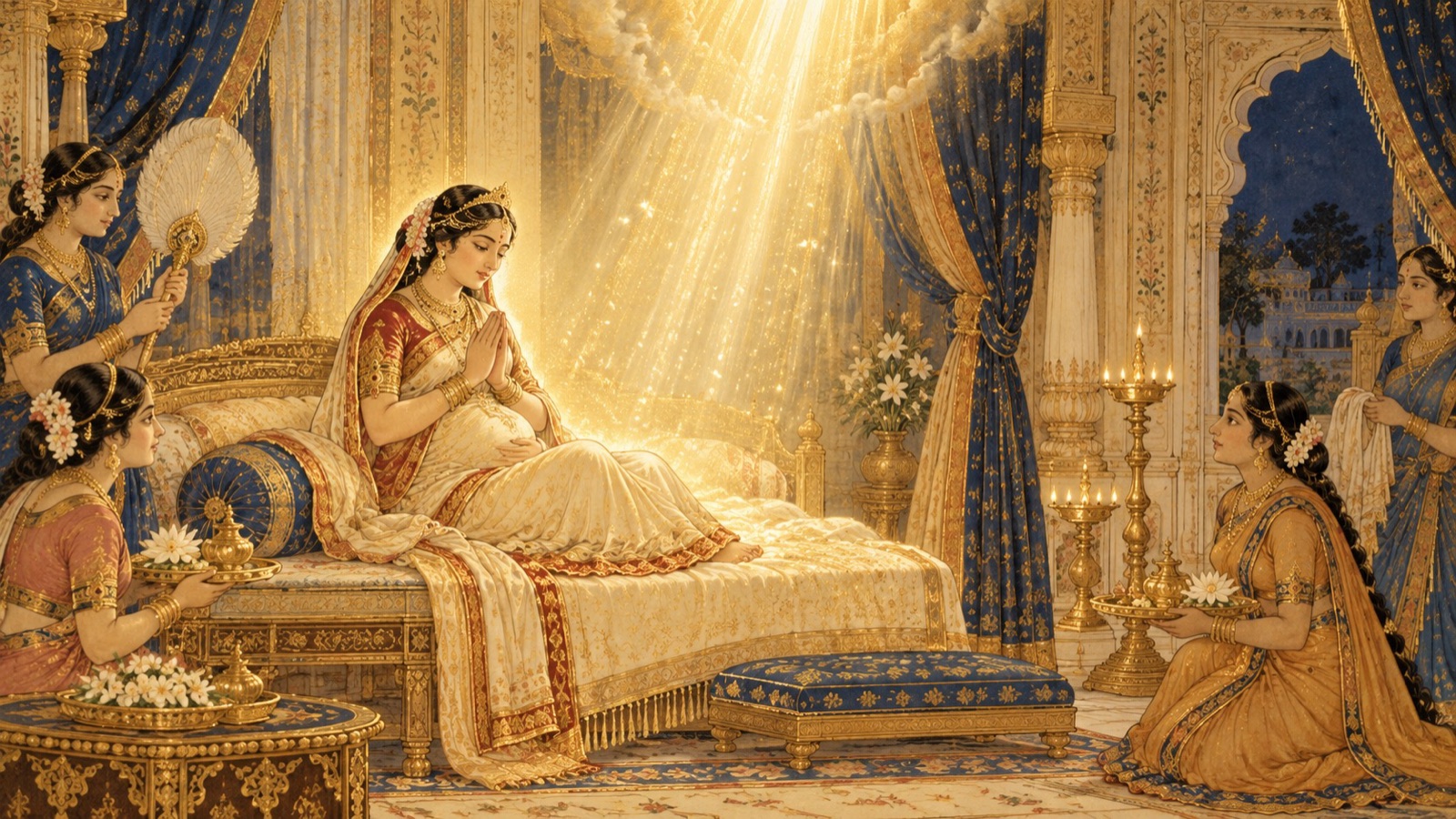 A soft descent of divine golden light into the serene inner apartments of Queen Merudevi, signifying the advent of Lord Rsabhadeva