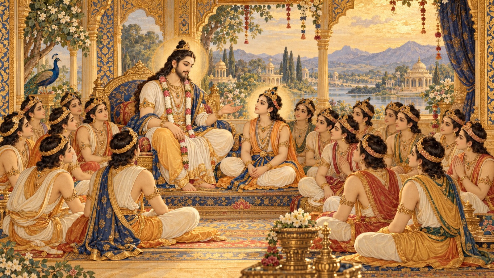 भगवान् ऋषभदेव अपने श्रेष्ठ पुत्रों के साथ आसीन, जिनमें ज्येष्ठ भरत उनके समीप