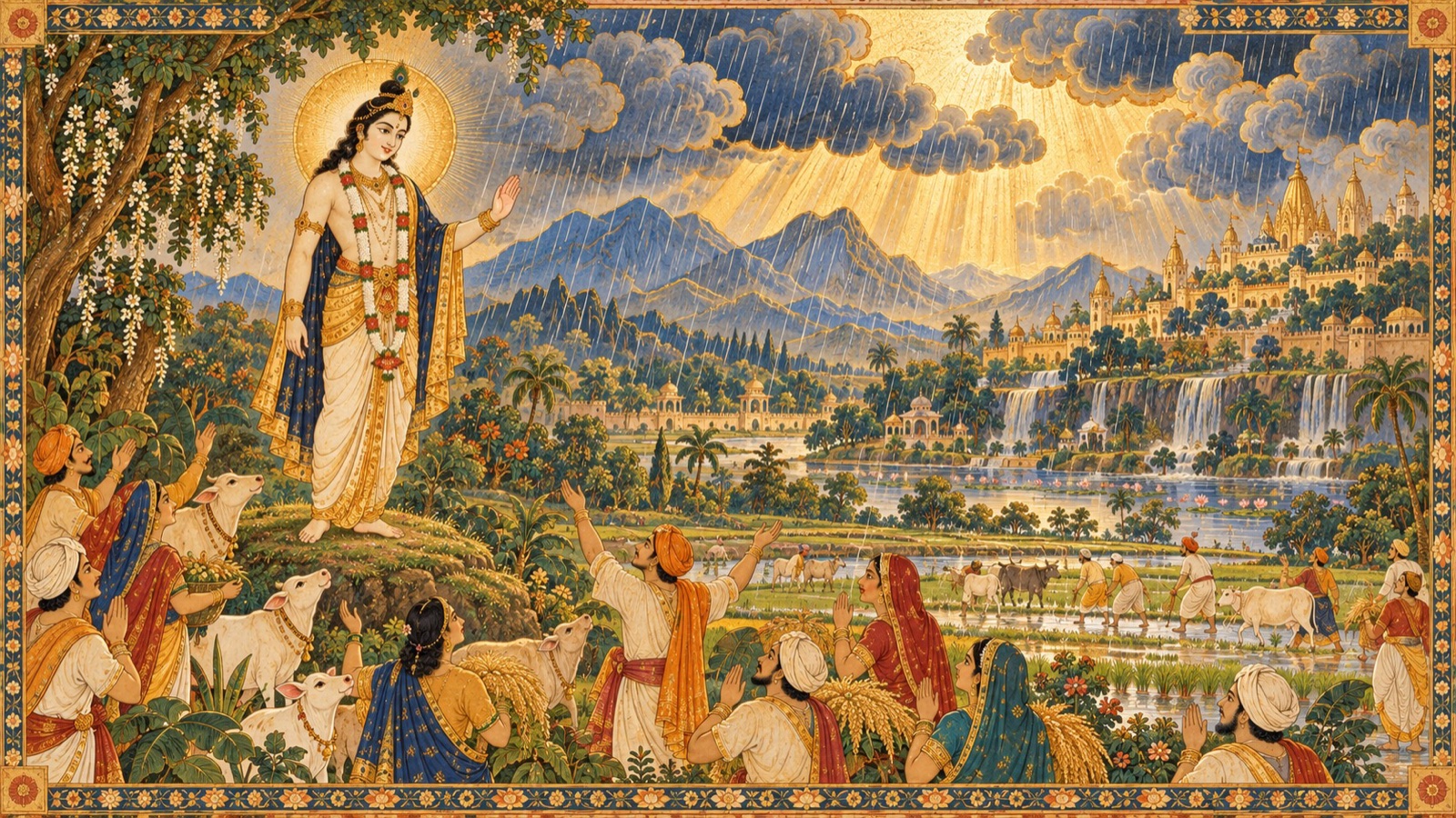 Lord Rsabhadeva, the Master of Yoga, serenely sending abundant rains over His land of Ajanabha