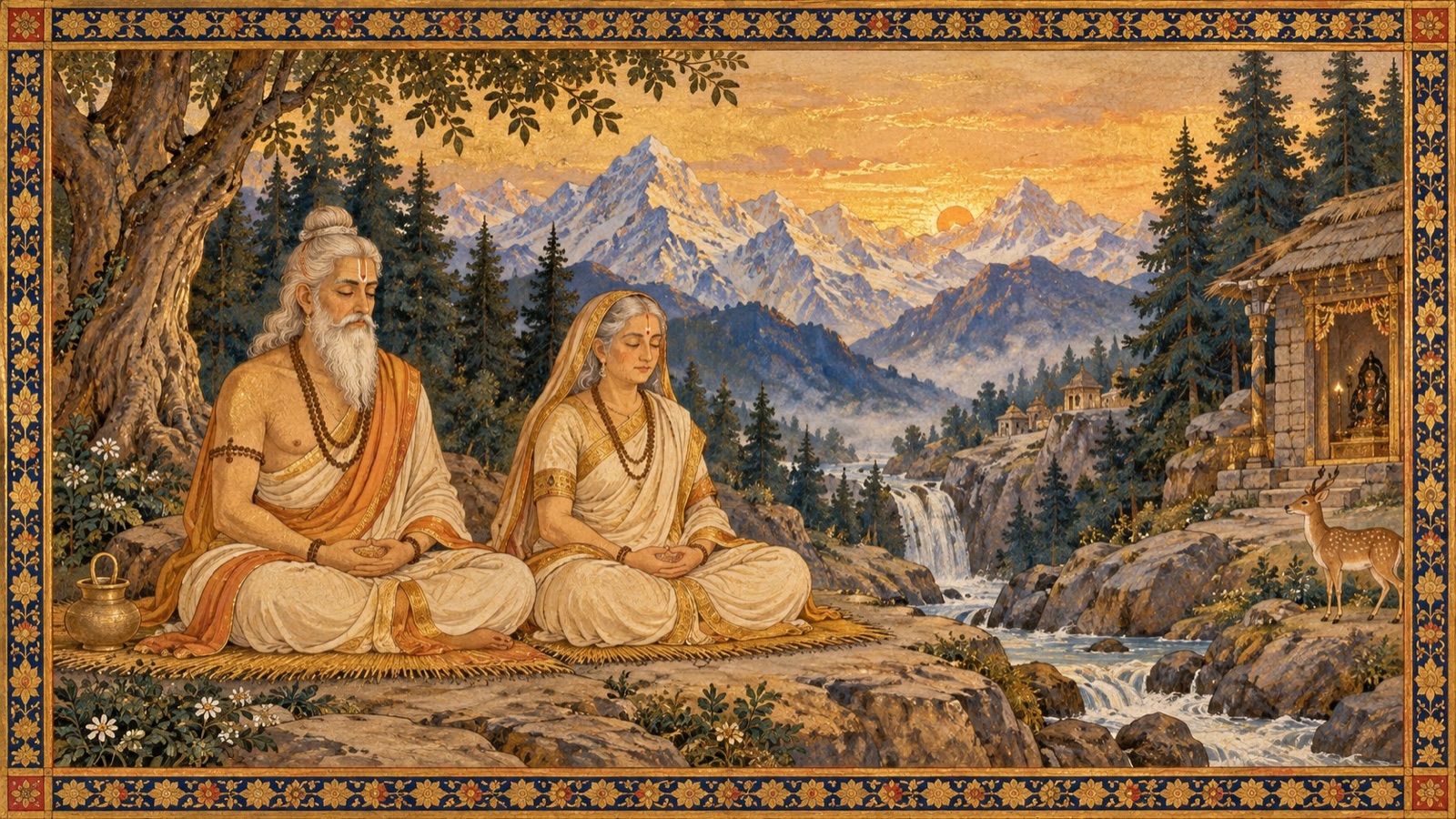 King Nabhi and Queen Merudevi in serene meditation and austerity at the mountain retreat of Badarikasrama