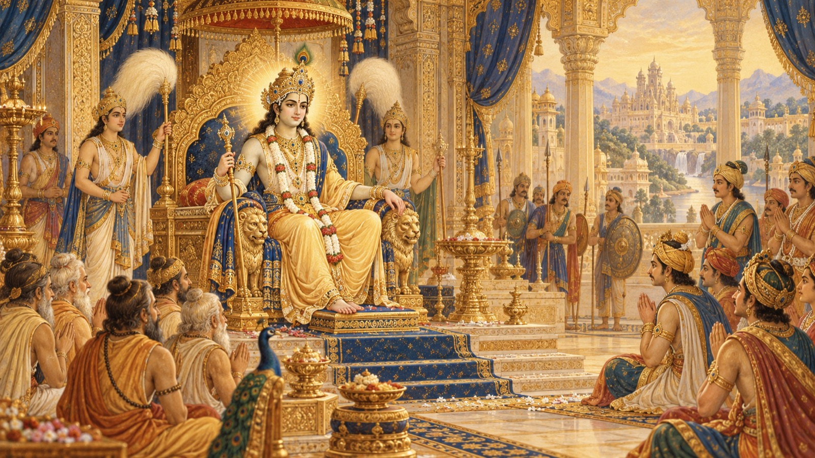 Lord Rsabhadeva enthroned in radiant majesty as the sovereign of the earth, bearing the marks of divinity