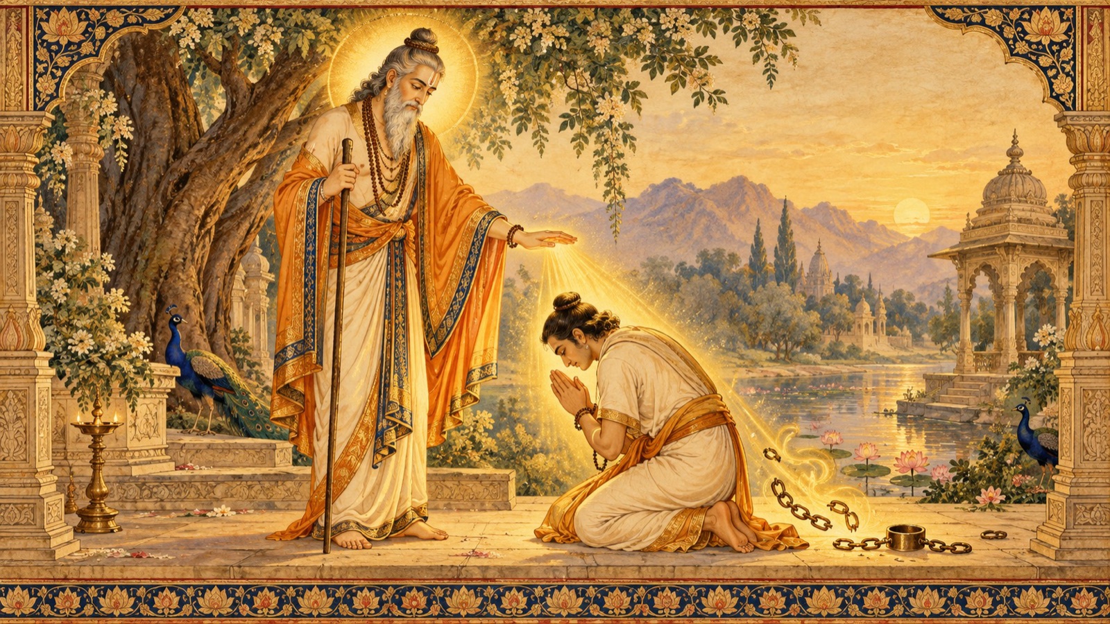 A luminous teacher guiding a bowed disciple toward spiritual freedom, symbolizing the true guardian