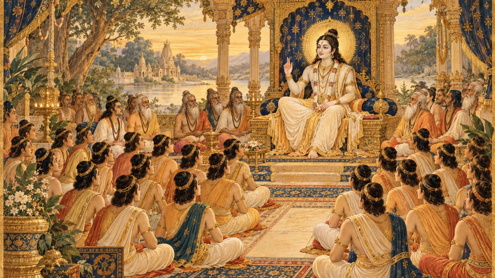 Lord Rsabhadeva radiant in wisdom, teaching His hundred sons in an assembly of sages at Brahmavarta