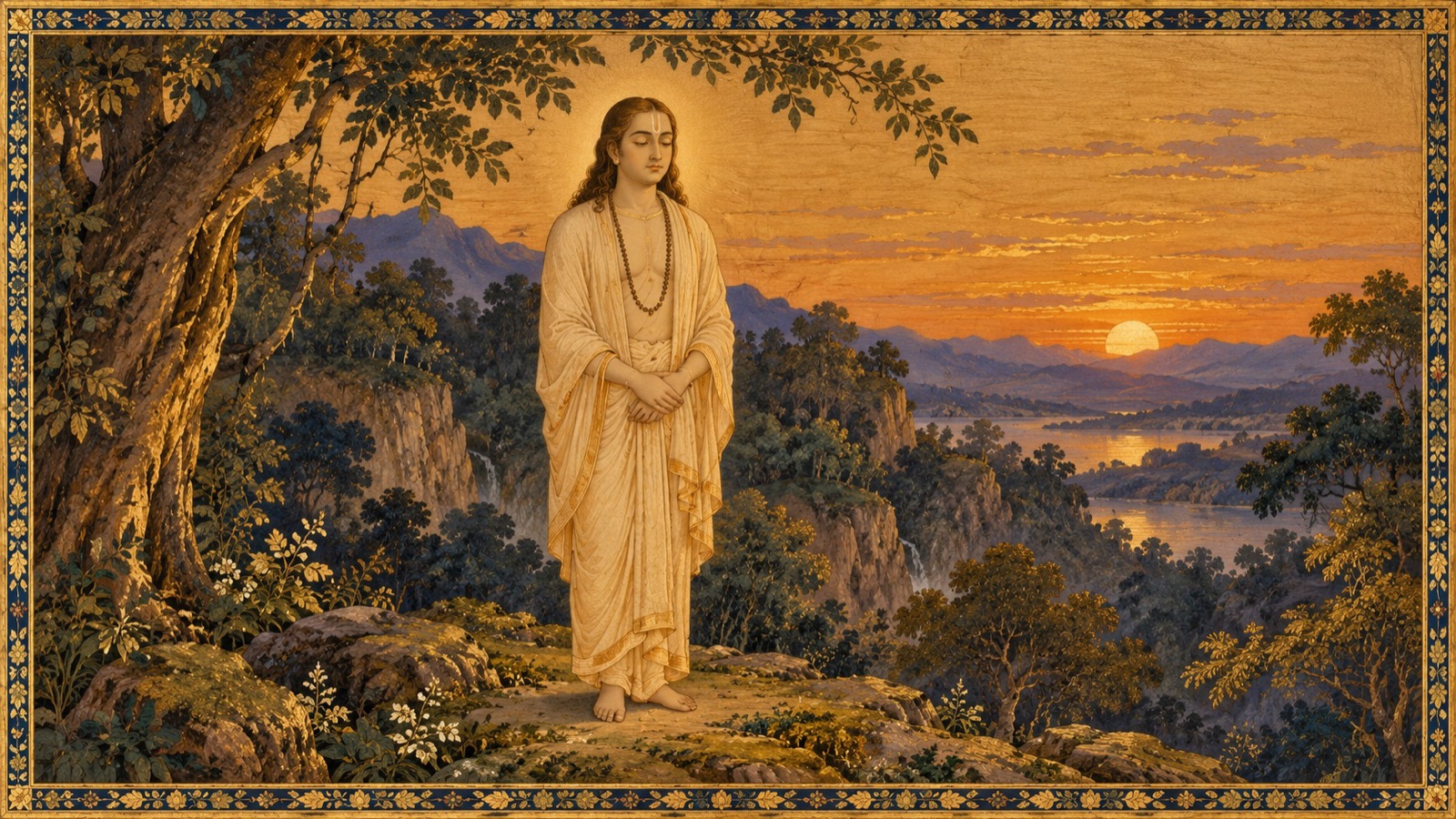 परम आत्मा में लीन, दक्षिण के वनों में एक शान्त विचरणशील विरक्त के रूप में भगवान् ऋषभदेव, अपने प्रयाण के समय