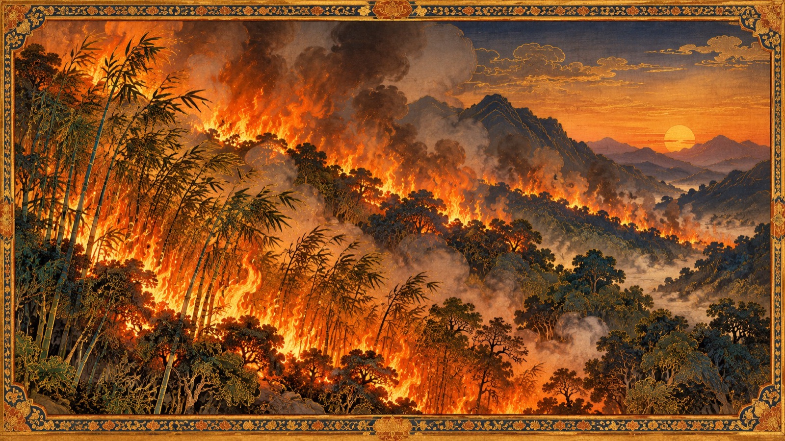 A forest fire kindled by wind-tossed bamboos sweeping through the mountain forest