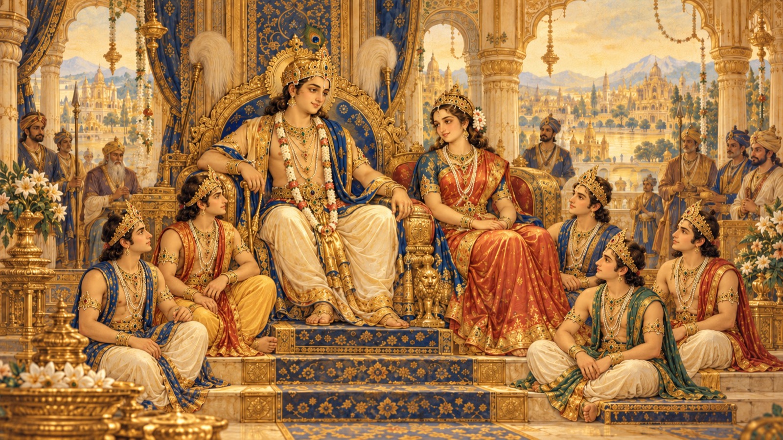 Emperor Bharata ruling the earth with his queen Pancajani and their five sons
