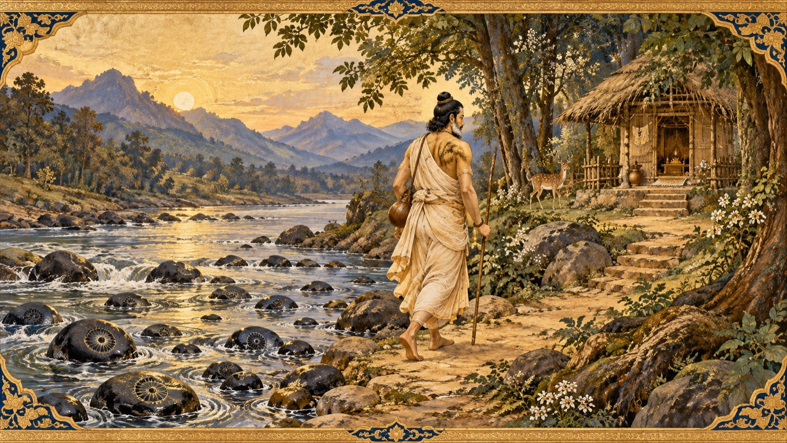 Bharata retiring to the hermitage of Pulaha by the river Gandaki with its sacred stones