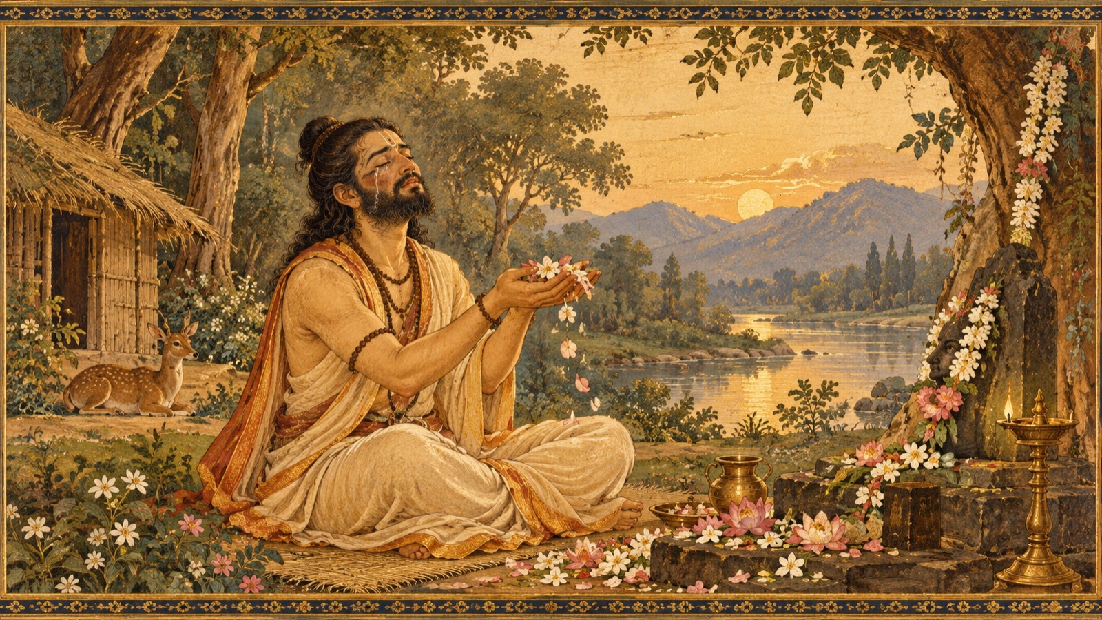 Bharata worshipping the Lord alone with tears of love streaming from his eyes