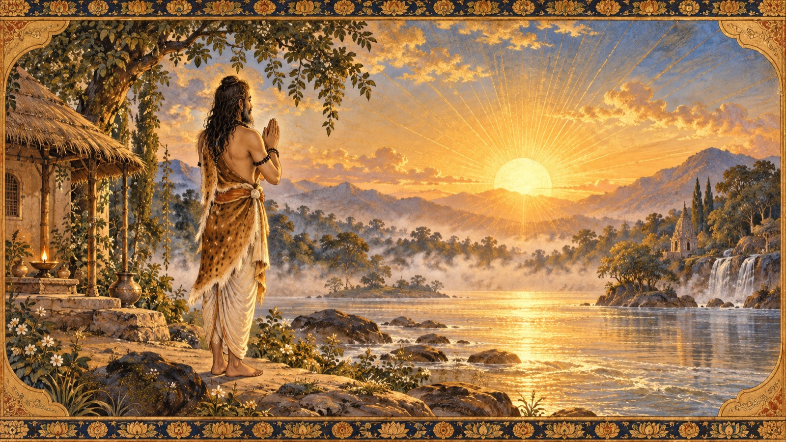 Bharata praying to Lord Narayana in the orb of the rising sun on the riverbank