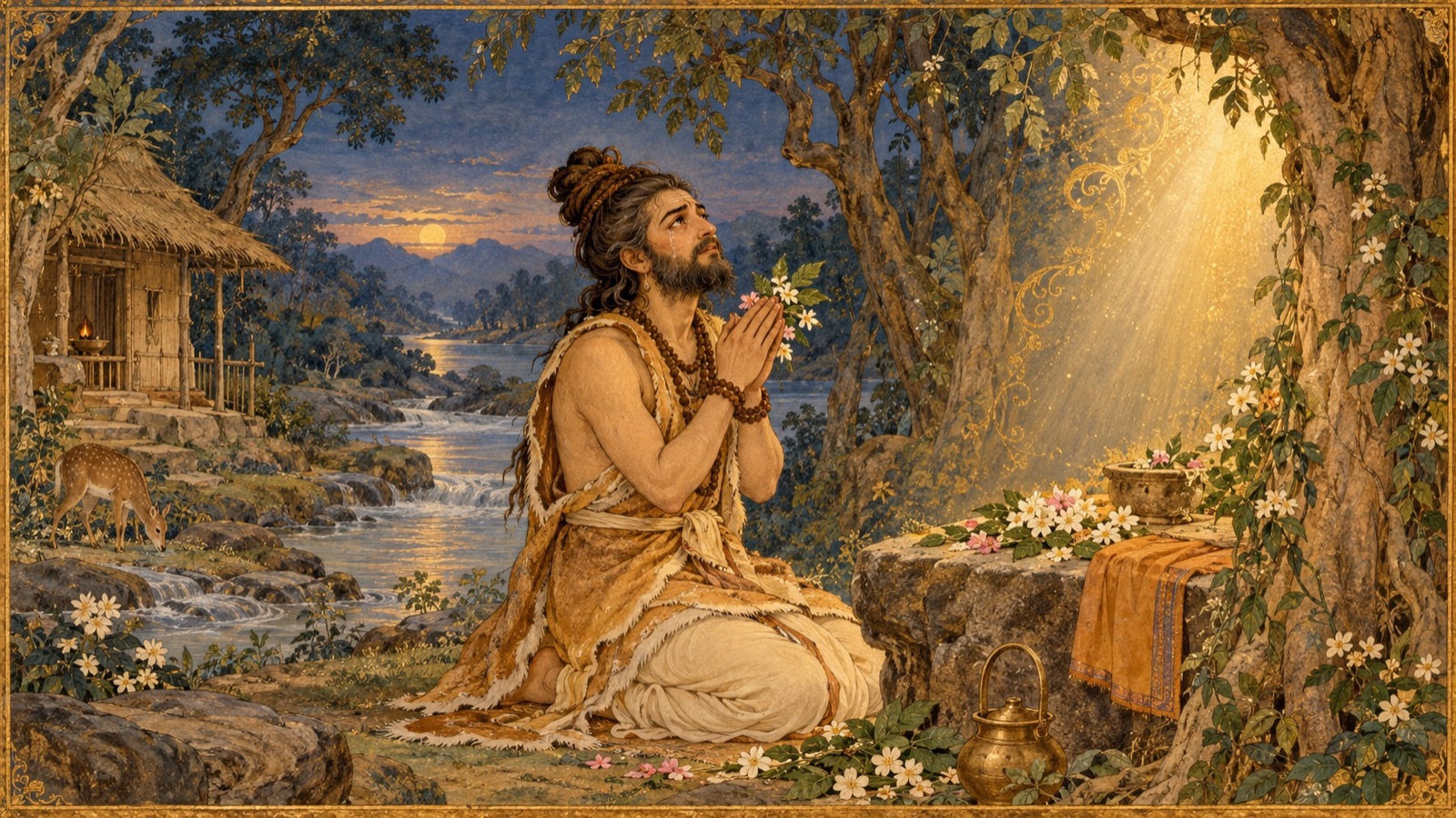 Emperor Bharata worshipping the Lord in the hermitage of Pulaha, his heart melting in devotion
