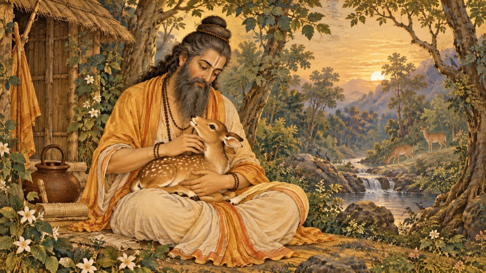 ऋषि-राज भरत अपने आश्रम में एक मातृहीन मृगछौने को कोमल स्नेह से गोद में लिए हुए