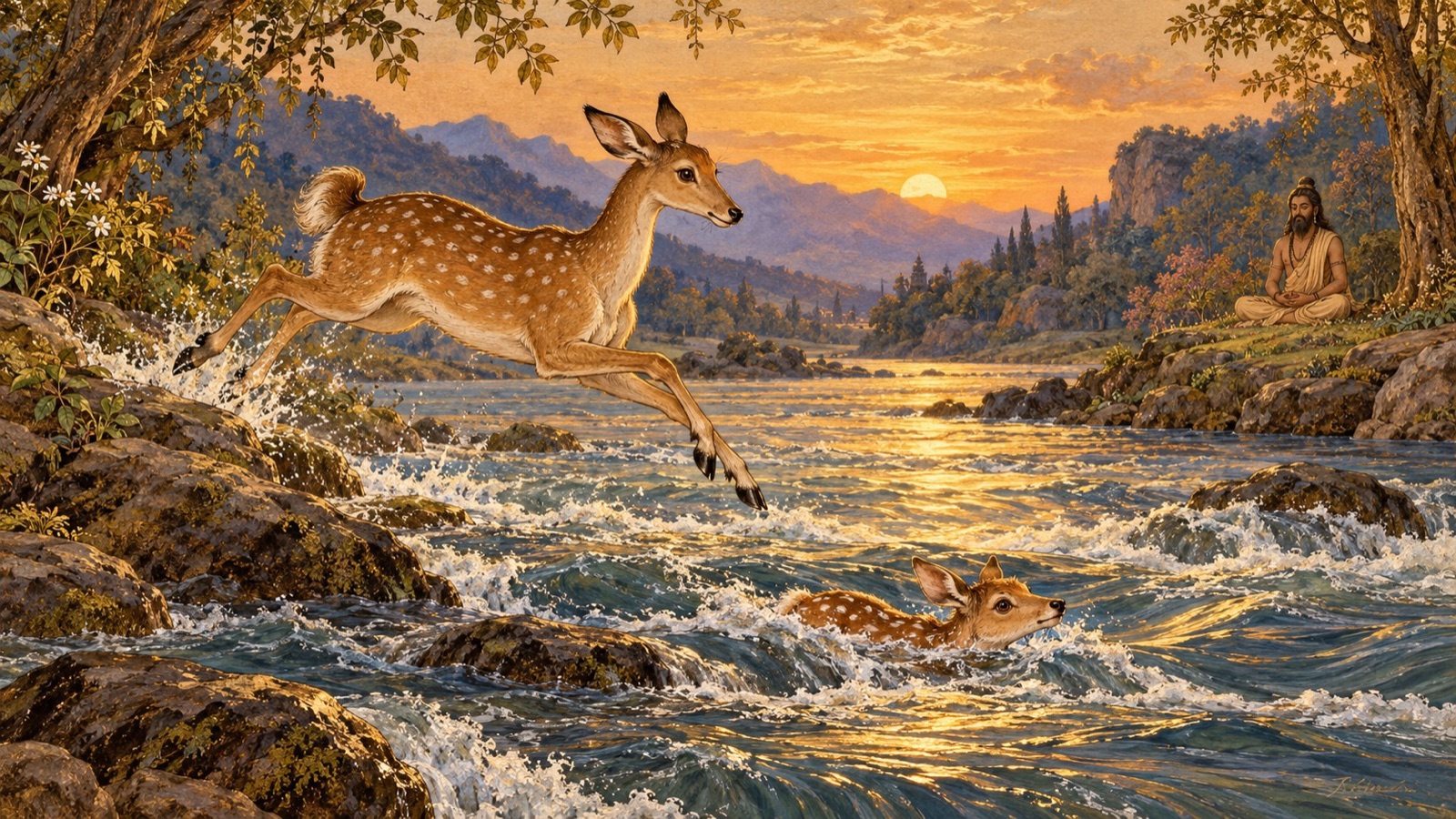 A frightened doe leaping across the Gandaki river at the roar of a lion while Bharata sits chanting