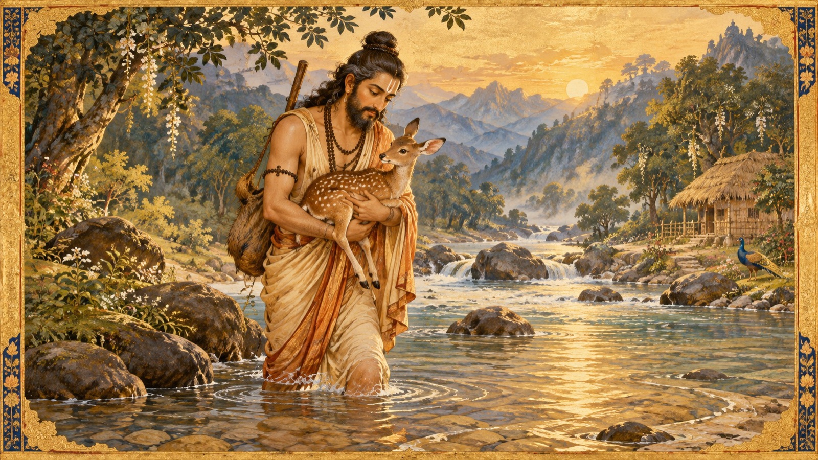 Bharata lifting the motherless fawn from the river current to carry it home