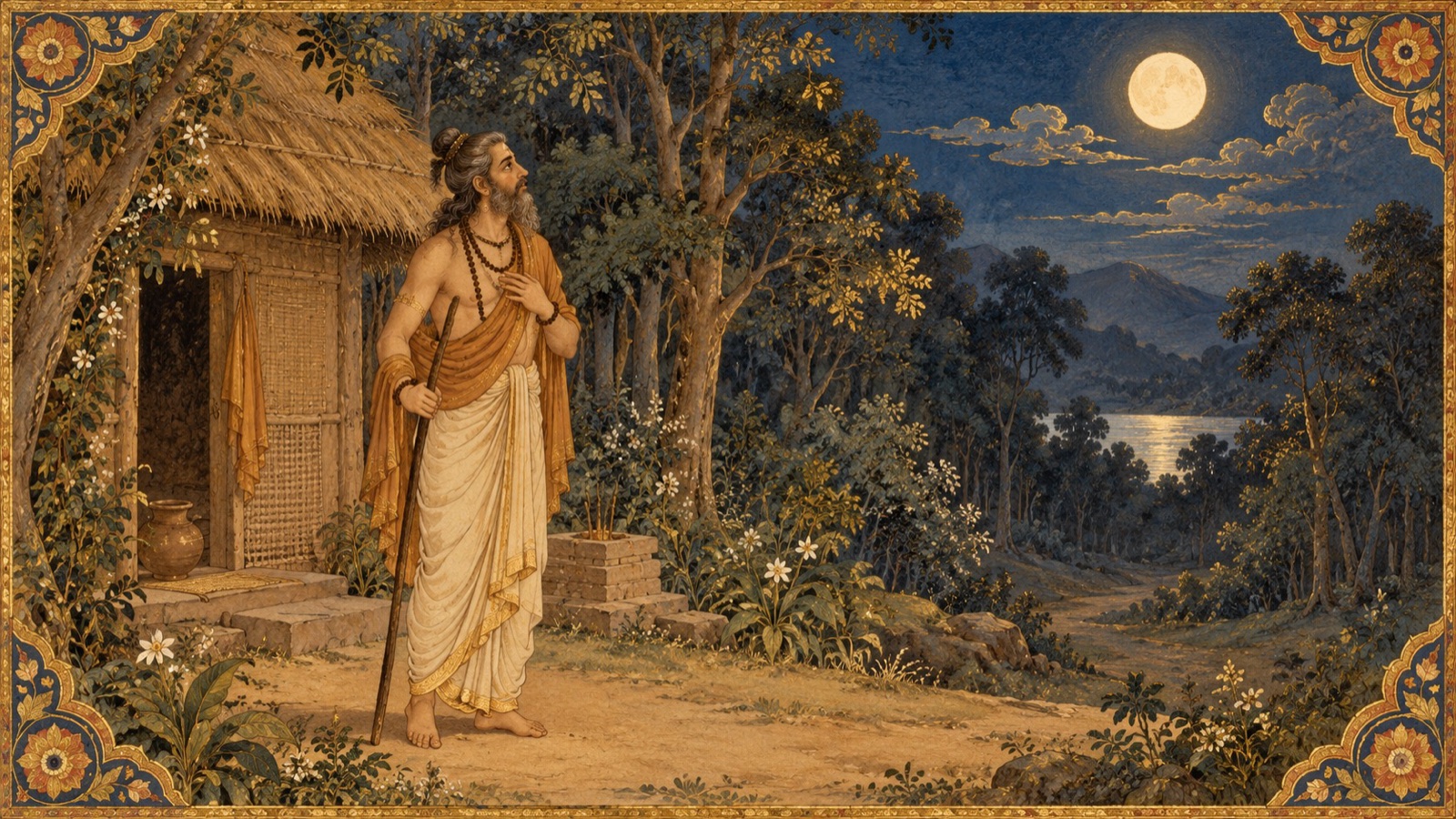 Bharata gazing anxiously at the moon, imagining the shape of his lost fawn in its markings