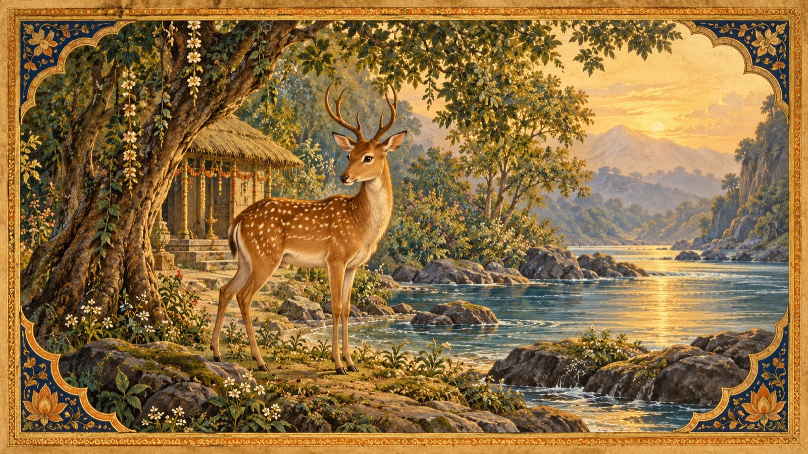 Bharata reborn as a deer returning to the holy hermitage of Salagrama by the Gandaki