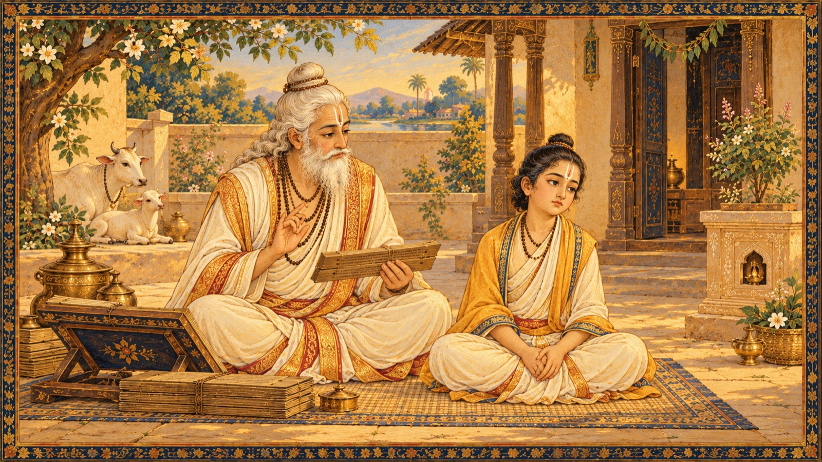 A Brahmana father patiently trying to instruct his silent young son in the sacred Gayatri