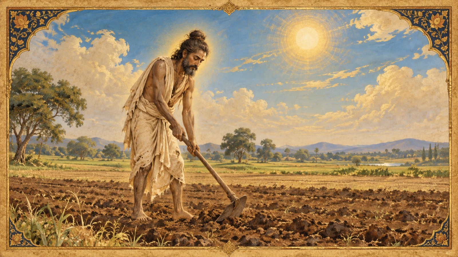 Jada Bharata working in the fields, indifferent to comfort and reward, dust-covered