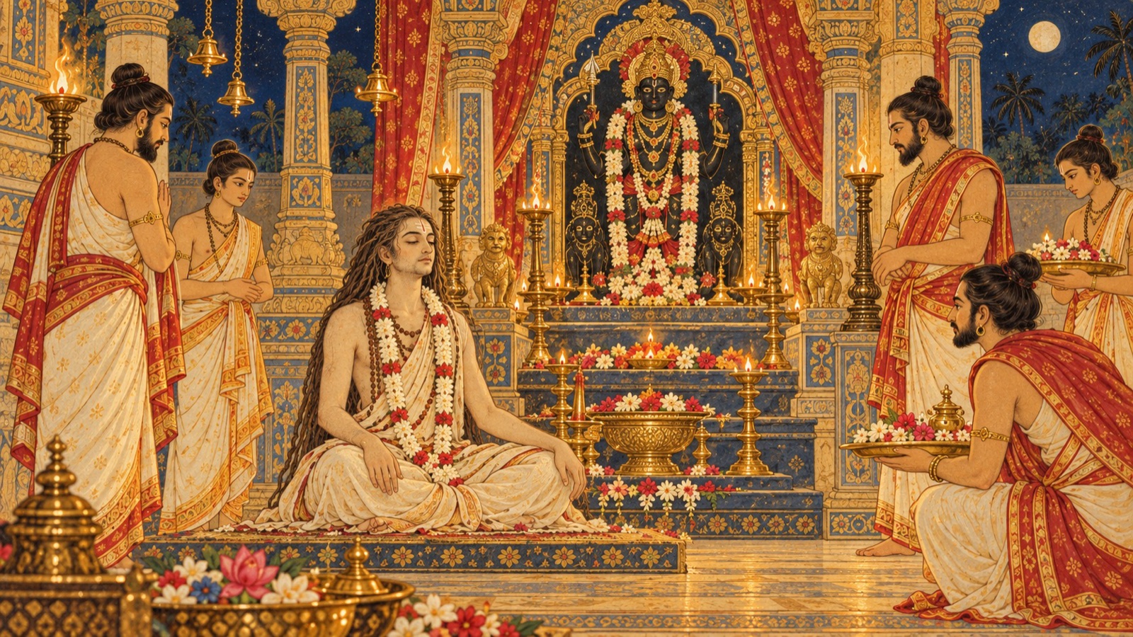 The silent saint bathed, garlanded and seated before the altar of the Goddess by robbers