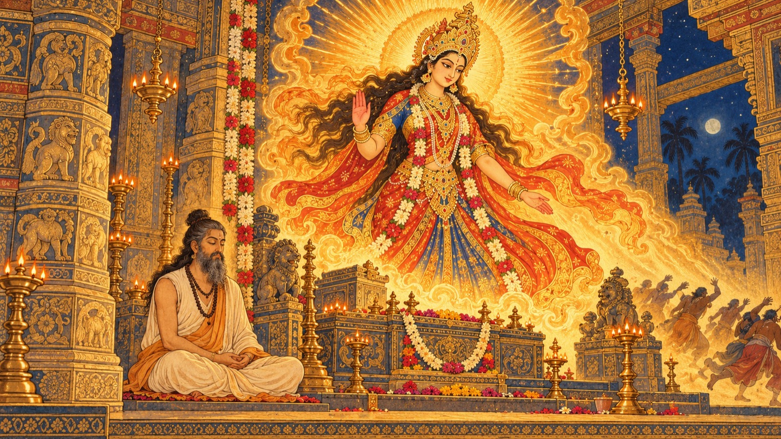 The Goddess Bhadrakali bursting forth in glory to protect the silent devotee